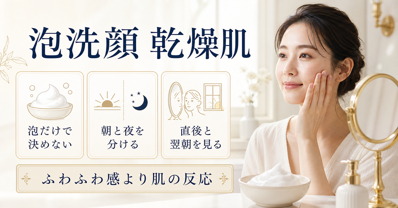 泡洗顔を乾燥肌で使うときの朝夜と翌朝の肌の反応を示す美容ボード