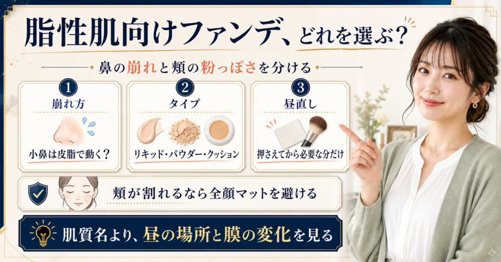 脂性肌向けファンデーションの選び方を示すアイキャッチ