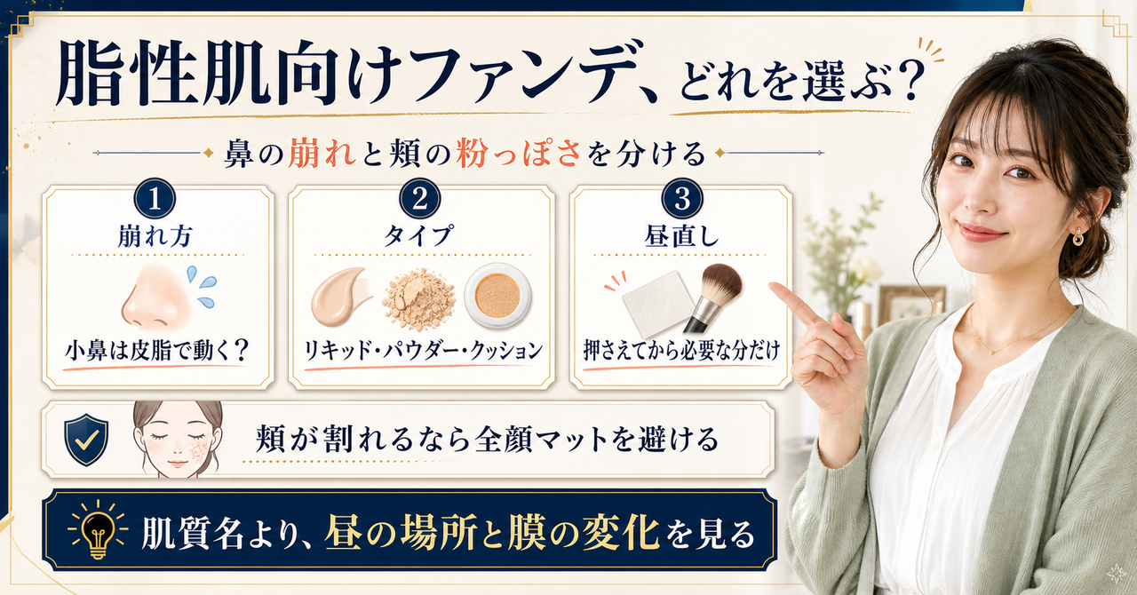 脂性肌向けファンデーションの選び方を示すアイキャッチ