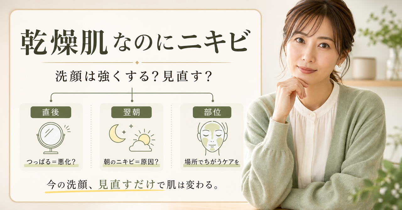 乾燥肌とニキビを直後と翌朝で見分ける洗顔アイキャッチ