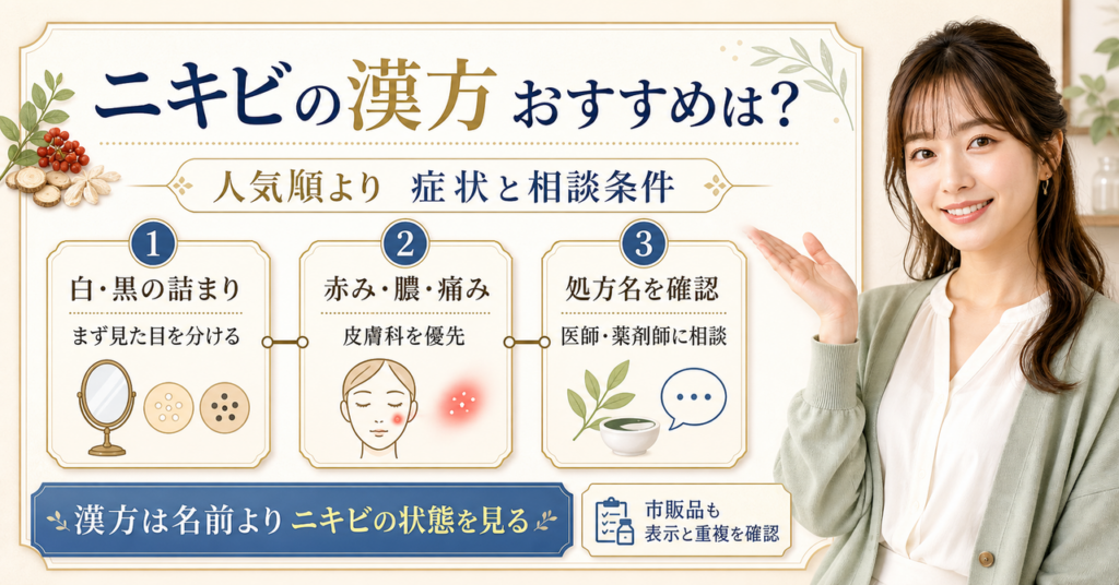 ニキビの症状と相談先から漢方を選ぶアイキャッチ