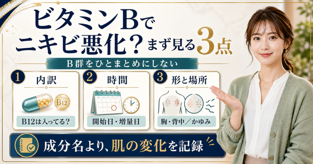 ビタミンBでニキビが悪化したときの確認軸を示すアイキャッチ