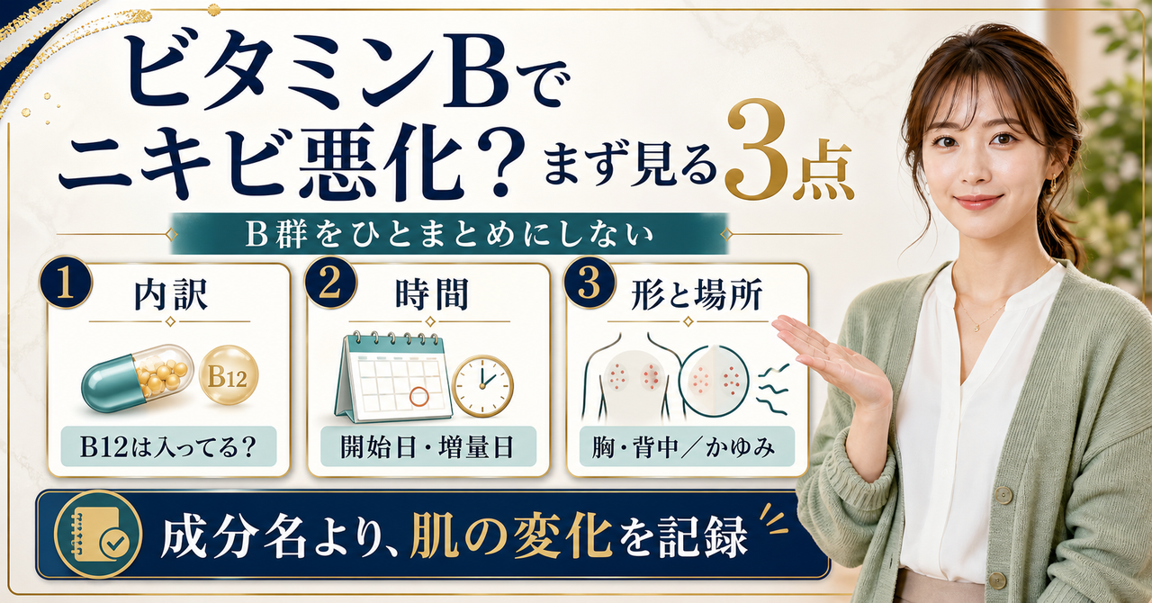 ビタミンBでニキビが悪化したときの確認軸を示すアイキャッチ