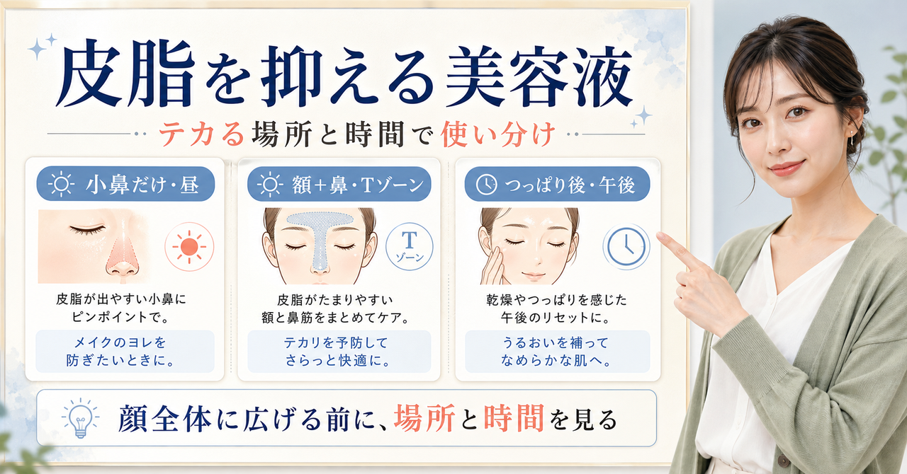 皮脂を抑える美容液を小鼻・Tゾーン・つっぱり後の場所と時間で判断するアイキャッチ