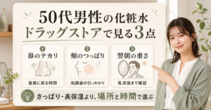 50代男性の化粧水選びを鼻の皮脂と頬の乾燥で整理する美容ボード