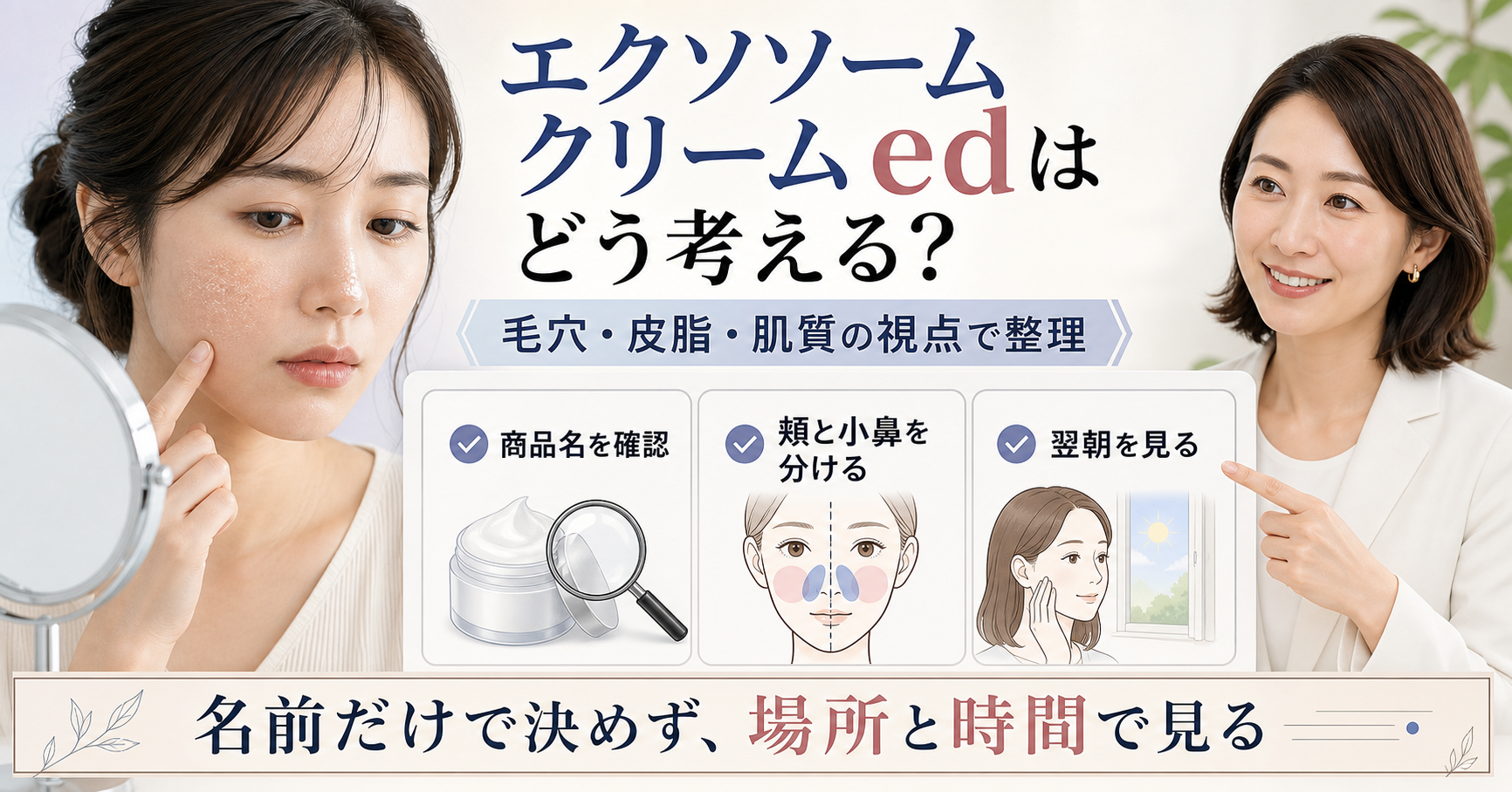エクソソームクリーム edの確認、頬と小鼻、翌朝観察を示すビューティーボード