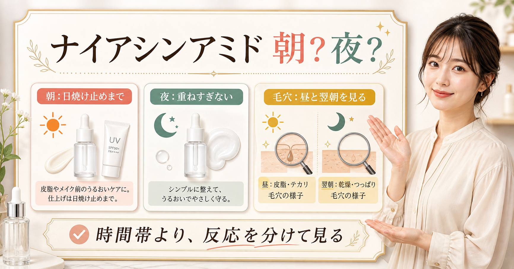 ナイアシンアミドを朝夜どちらに使うか、昼の小鼻と翌朝の頬で判断する解説ボード