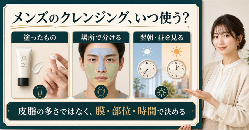メンズのクレンジングを部位と時間の変化で考える図解