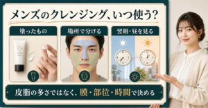 メンズのクレンジングを部位と時間の変化で考える図解