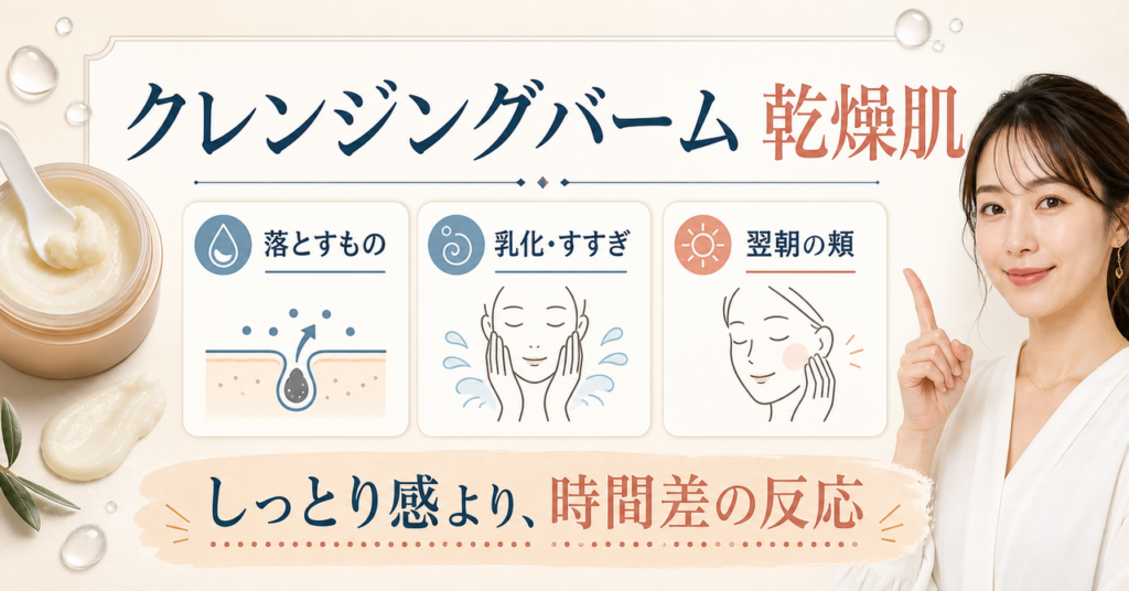 クレンジングバーム乾燥肌の判断軸を落とす対象、乳化、翌朝の頬で示す図解