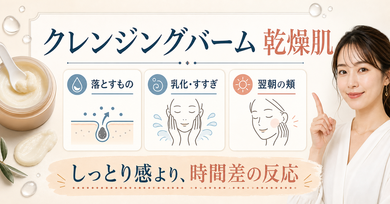 クレンジングバーム乾燥肌の判断軸を落とす対象、乳化、翌朝の頬で示す図解