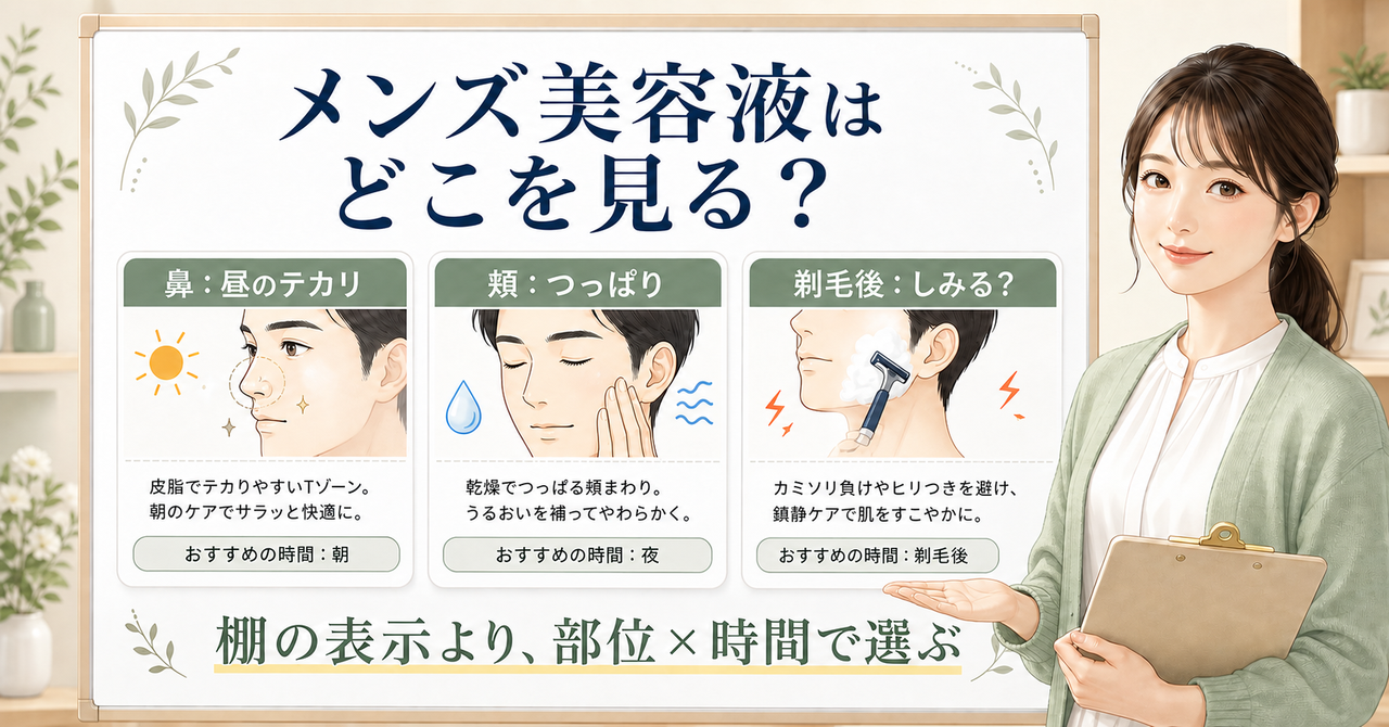 メンズ美容液を部位と時間で選ぶ判断を示すアイキャッチ