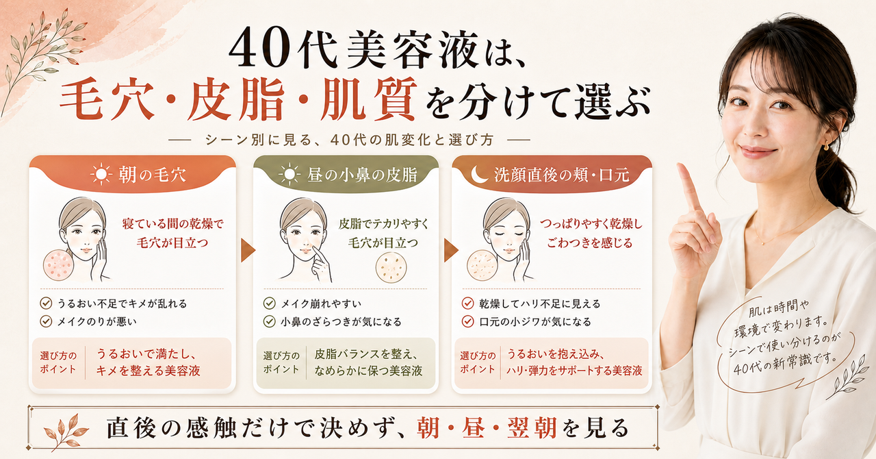 40代の美容液を朝昼と洗顔直後の肌状態で選ぶ図解