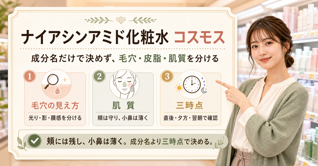 ナイアシンアミド化粧水を頬と小鼻の時間変化で考える図解