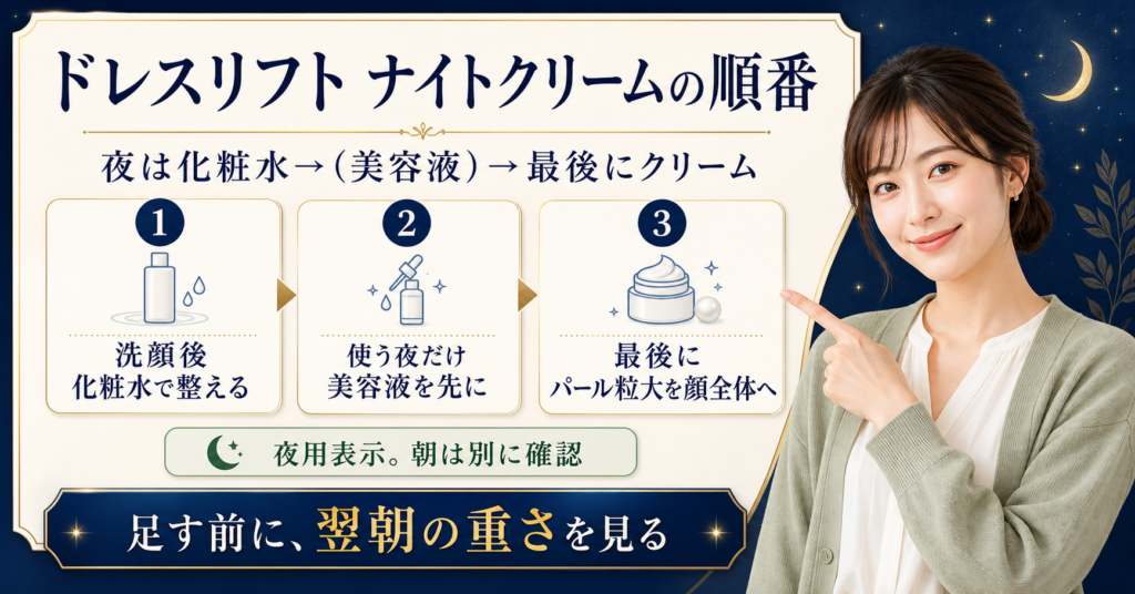 ドレスリフト ナイトクリームをスキンケアに入れる順番を整理した図解
