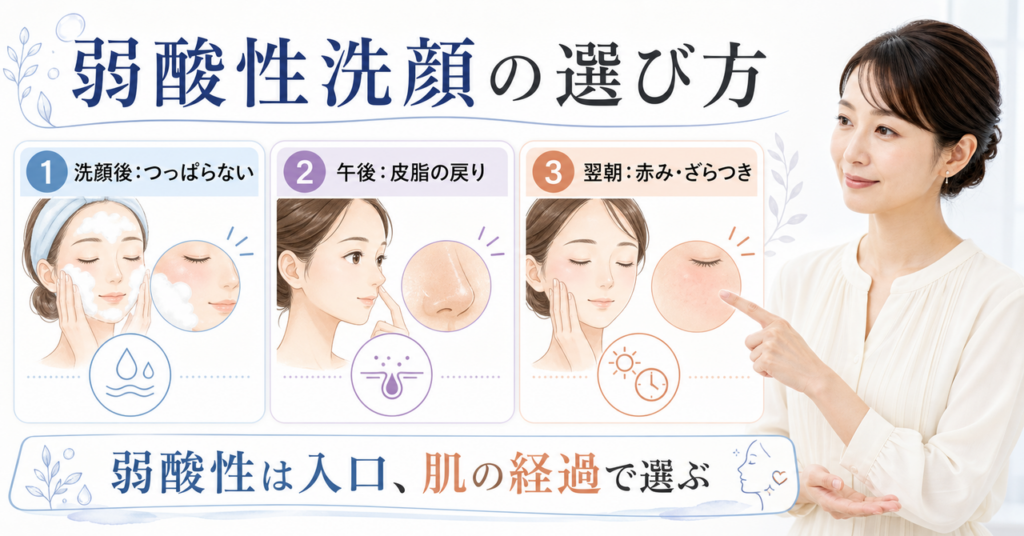 弱酸性洗顔を肌状態と洗顔後の観察で選ぶ図解