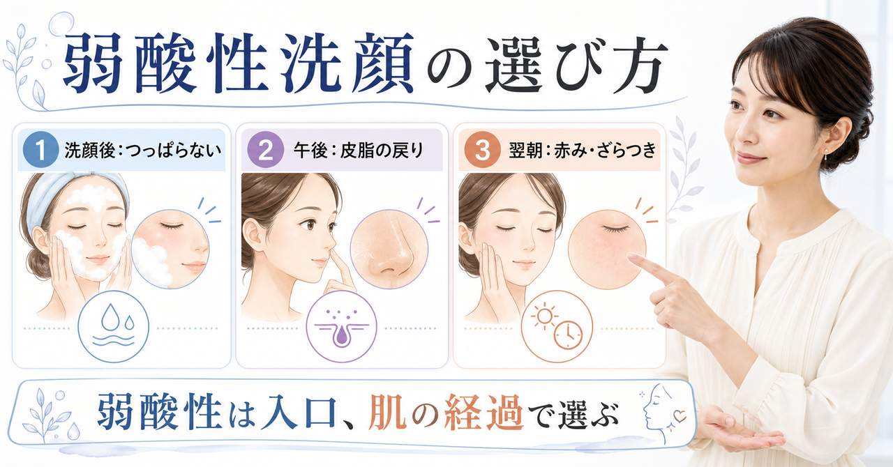 弱酸性洗顔を肌状態と洗顔後の観察で選ぶ図解