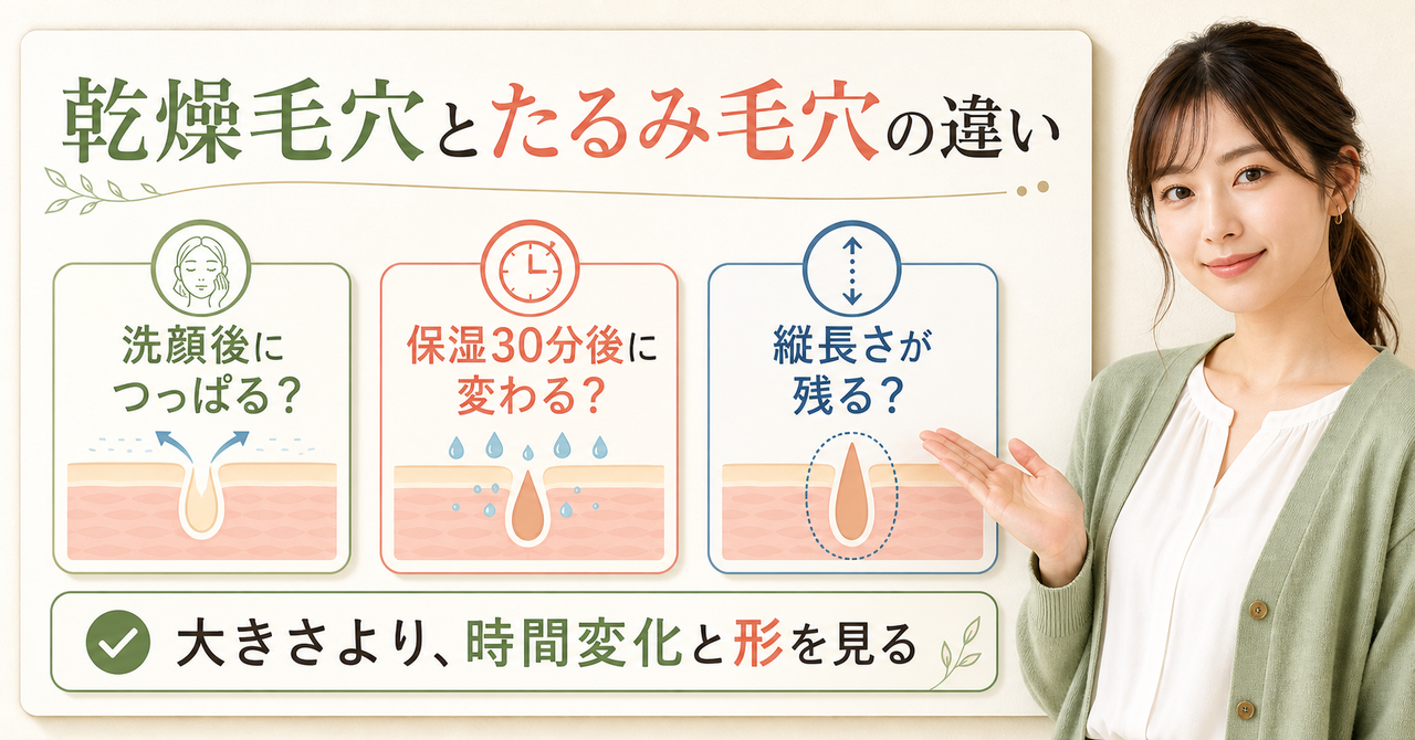 乾燥毛穴とたるみ毛穴の違いを肌状態と見え方で分ける図解