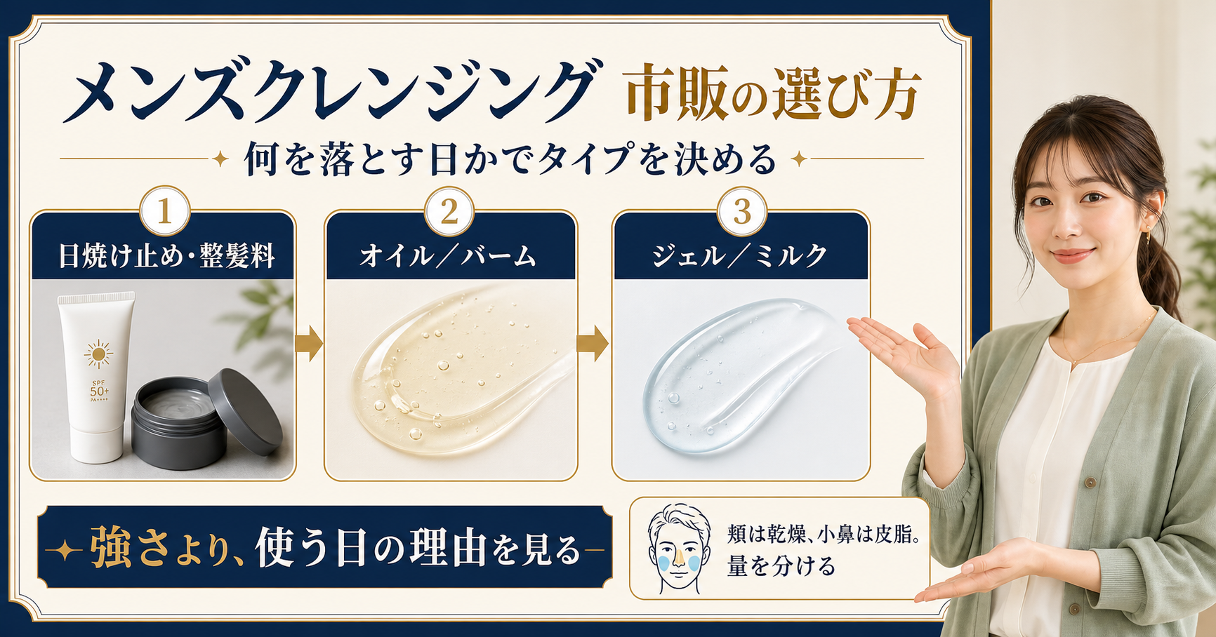 メンズクレンジング市販品を肌状態と落とすもので比較した図解