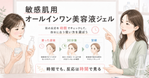 敏感肌用オールインワン美容液ジェルの表示と肌反応の確認点を整理した図解