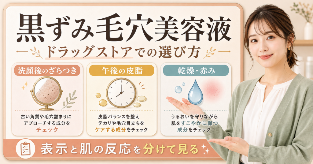 黒ずみ毛穴美容液を選ぶ成分と使い方の確認点を整理した図解