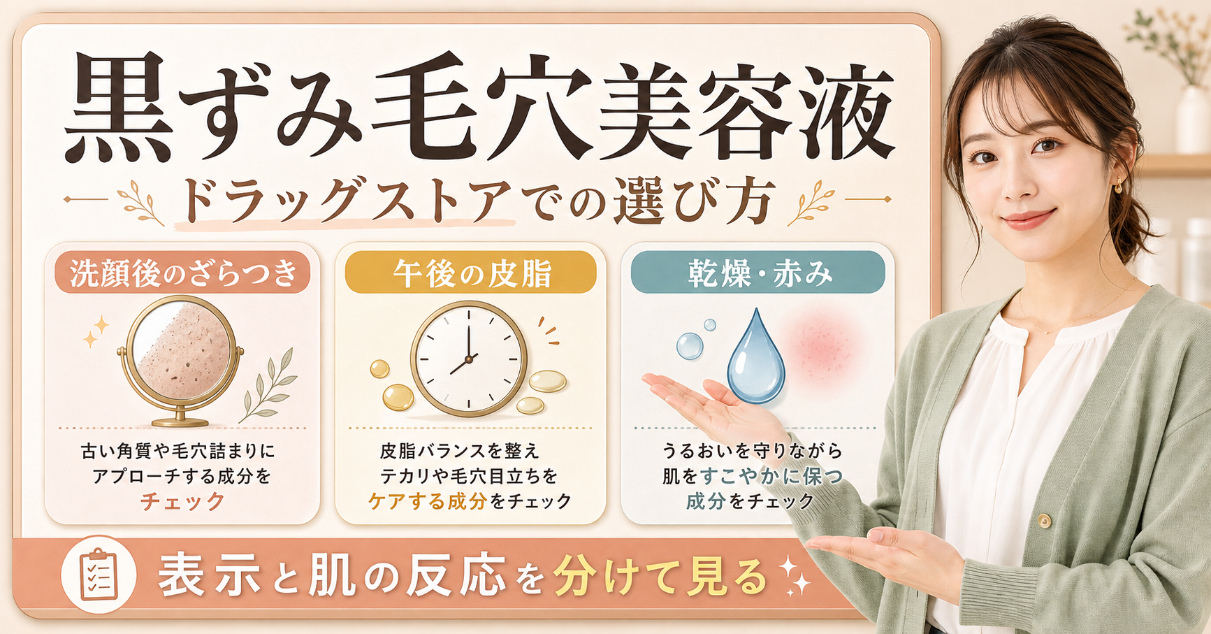 黒ずみ毛穴美容液を選ぶ成分と使い方の確認点を整理した図解
