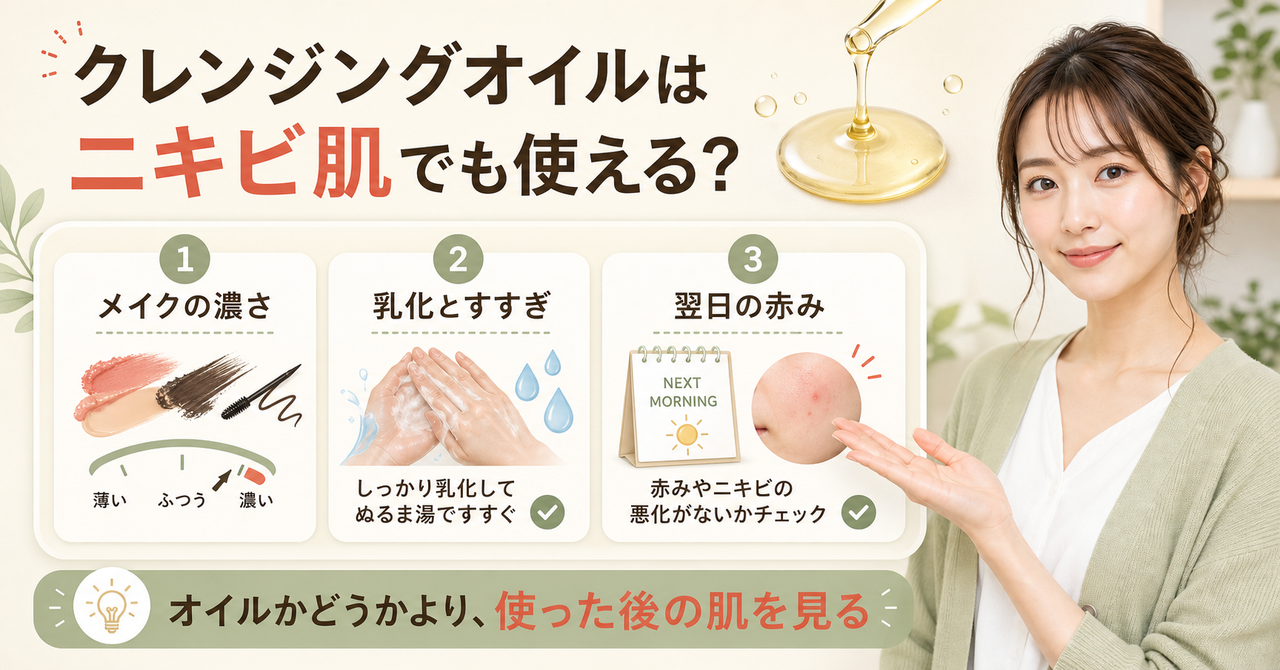 ニキビ肌でクレンジングオイルを選ぶ確認点を整理した図解