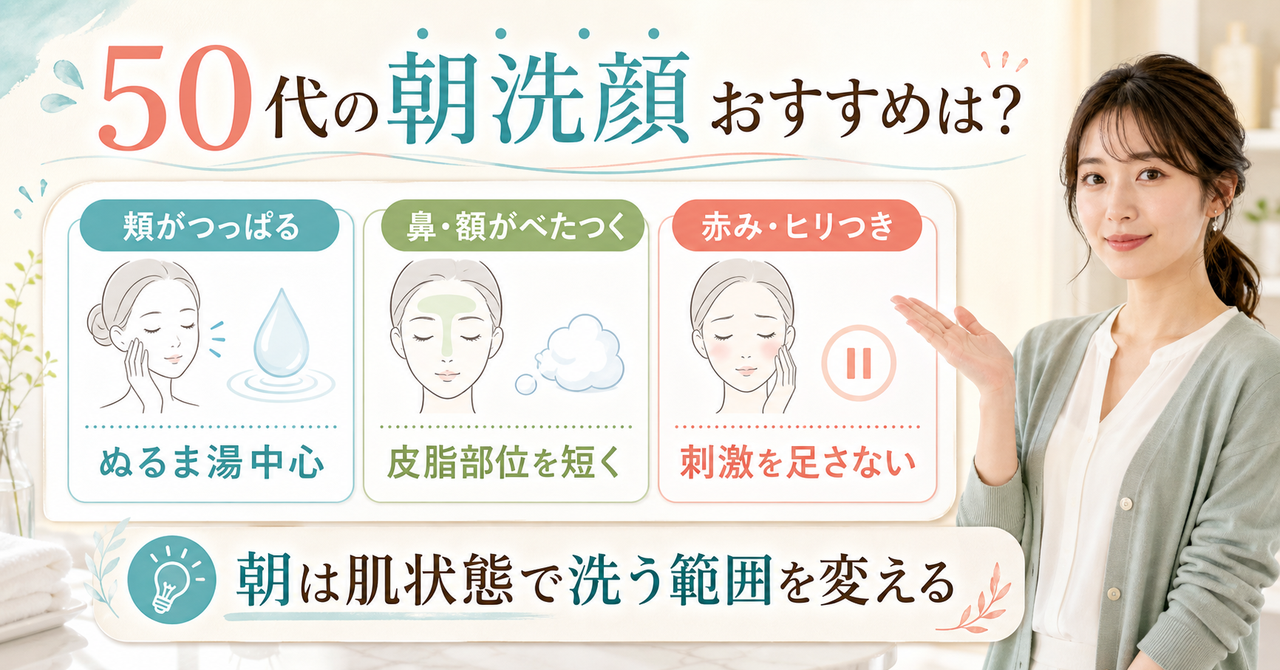 50代の朝洗顔で頬と鼻額を分けて考える確認点を整理した図解
