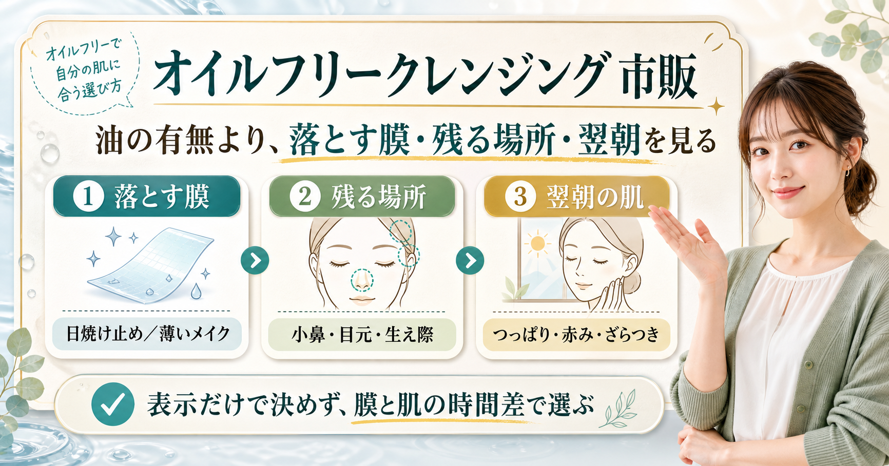 市販のオイルフリークレンジングを落とす膜と肌反応で選ぶ確認点を整理した図解