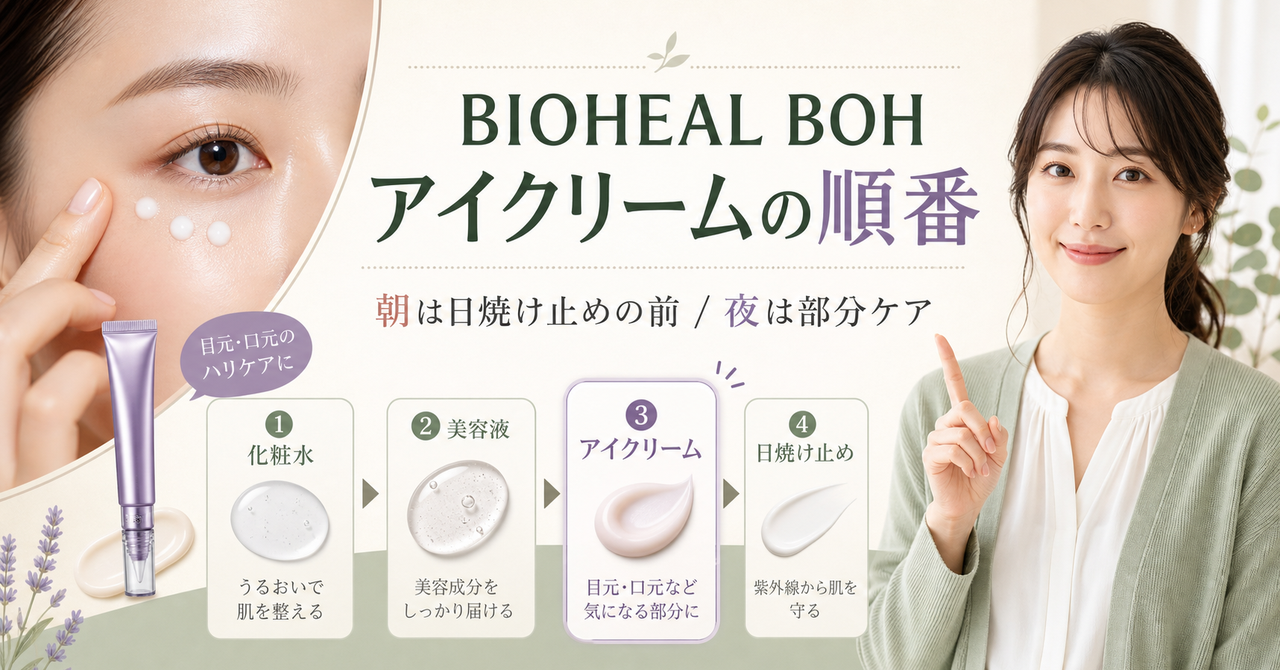 BIOHEAL BOH アイ&リンクルクリームを化粧水後に使う朝夜の順番を示すアイキャッチ