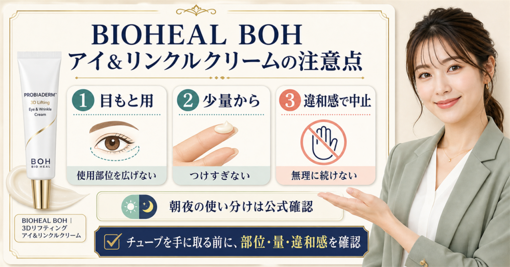 BIOHEAL BOHのアイクリームの使用部位・少量・違和感時の中止を確認する図解