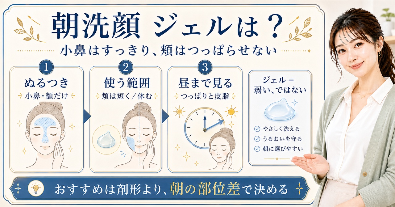 朝洗顔ジェルを小鼻・額のぬるつき、頬のつっぱり、昼までの変化から選ぶ判断を示すアイキャッチ