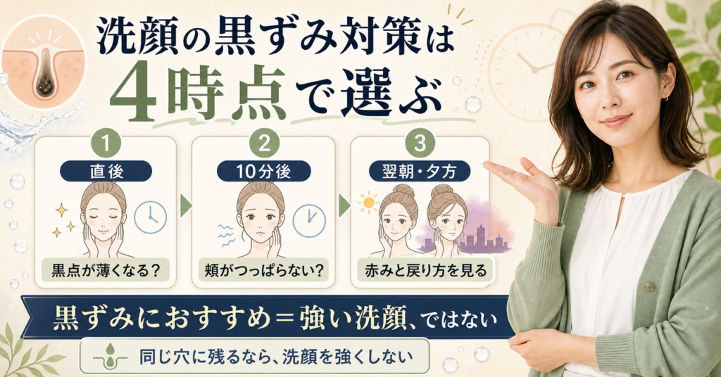 洗顔の黒ずみおすすめを、洗顔直後・10分後・翌朝の反応で見分ける図解