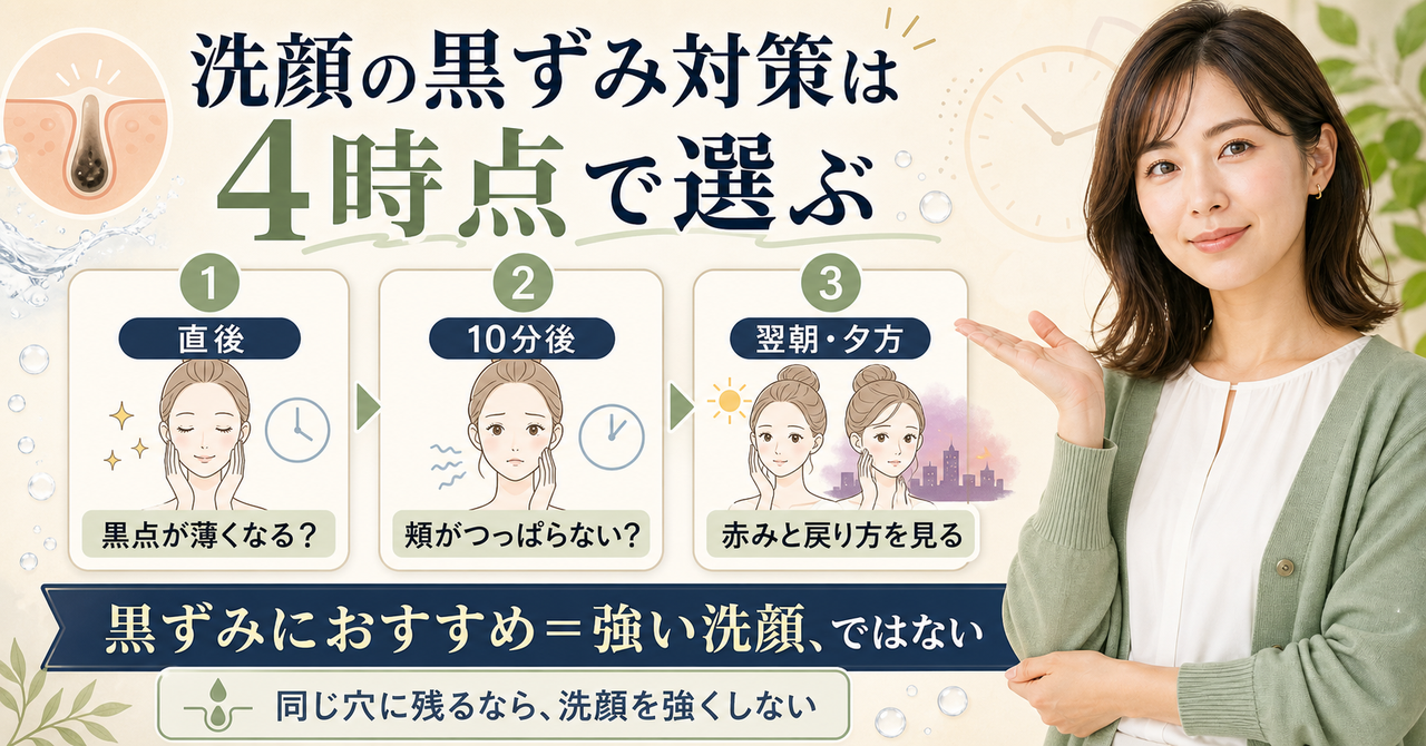 洗顔の黒ずみおすすめを、洗顔直後・10分後・翌朝の反応で見分ける図解