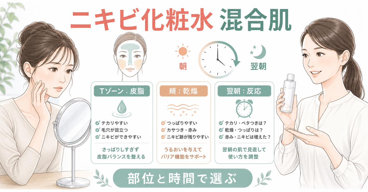 混合肌のニキビ化粧水をTゾーン・頬・翌朝の反応で選ぶ図解