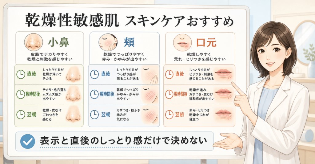 乾燥性敏感肌のスキンケアおすすめは？小鼻・頬・口元を時間で選ぶ方法