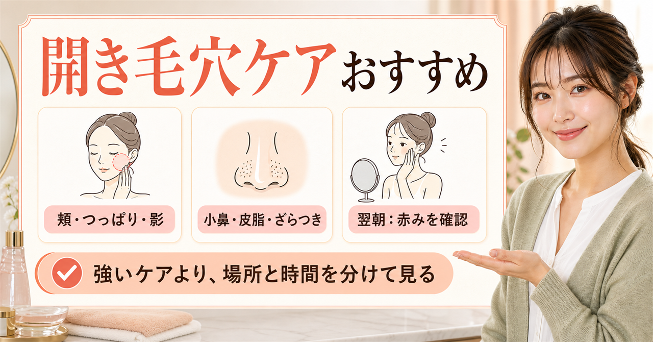 開き毛穴ケアを頬の影・小鼻のざらつき・翌朝の赤みで選ぶ図解