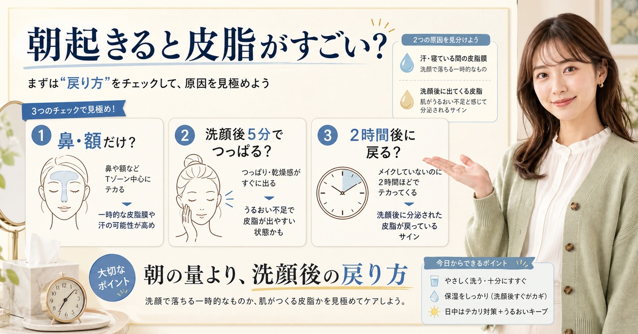朝起きると皮脂がすごいときに鼻・額・頬と洗顔後の戻り方を確認する美容ボード