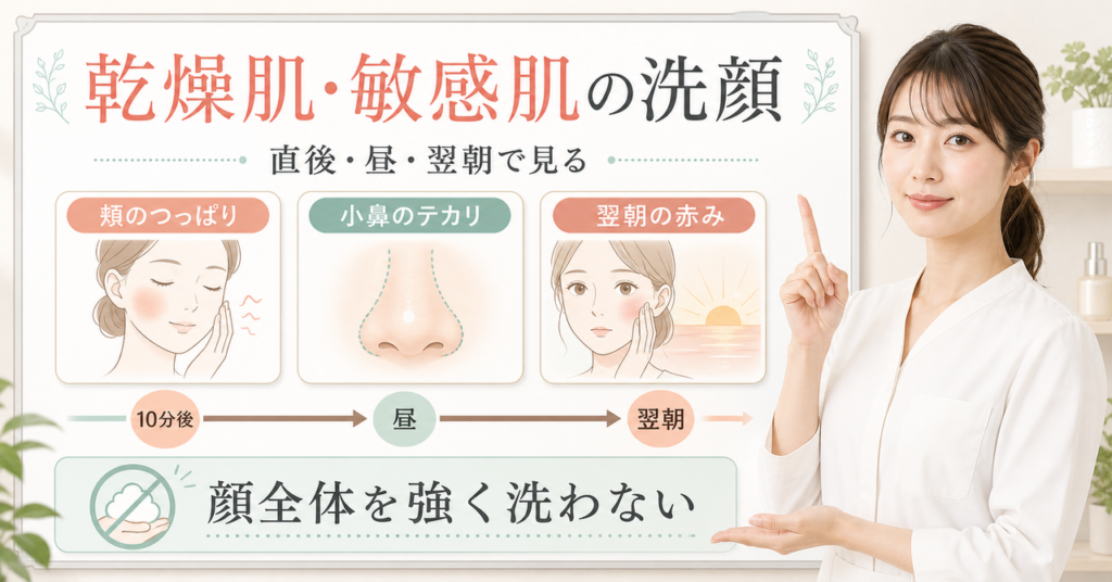 乾燥肌と敏感肌の洗顔を直後・昼・翌朝と頬・小鼻で見直す美容ボード
