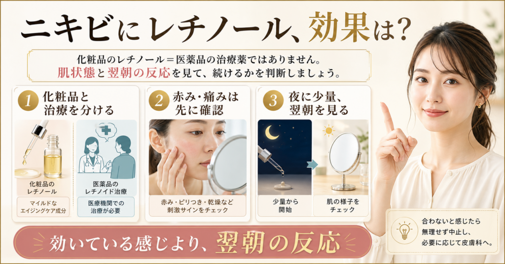 ニキビにレチノールを使うときに化粧品と治療を分けて判断するアイキャッチ