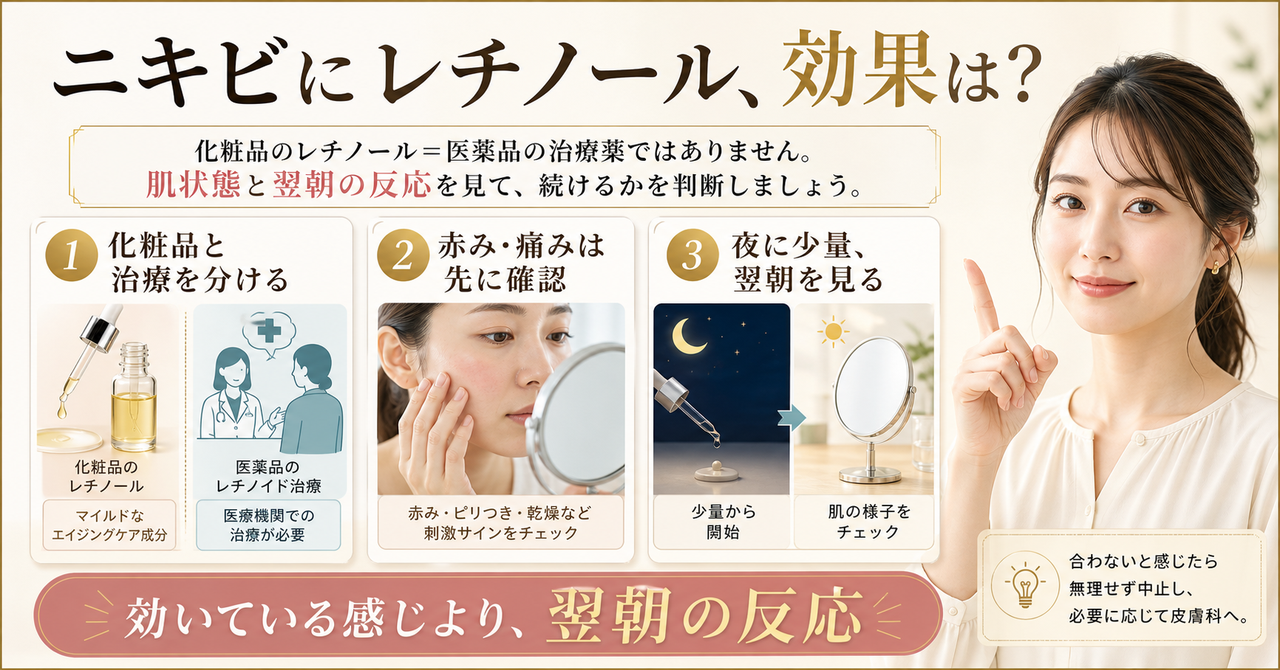 ニキビにレチノールを使うときに化粧品と治療を分けて判断するアイキャッチ