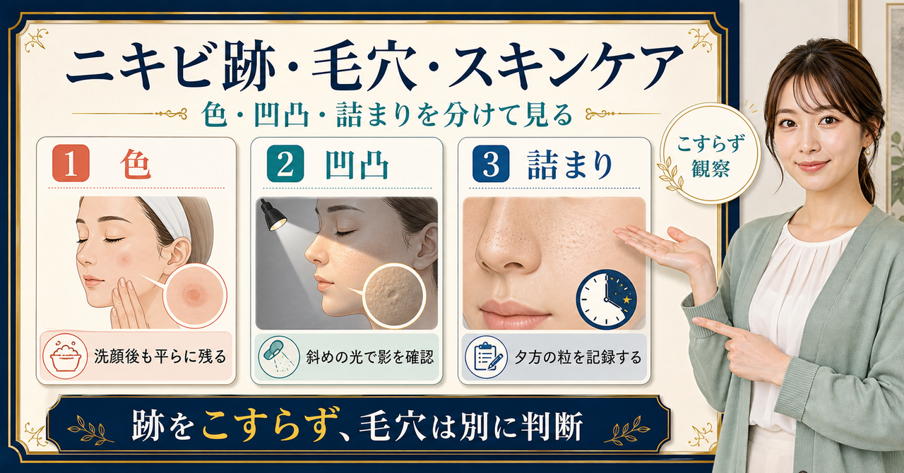 ニキビ跡の色・毛穴の凹凸・詰まりを分けて観察する図解
