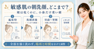 敏感肌の朝洗顔を起床時・直後・昼前・翌朝と頬・小鼻で見直す美容ボード
