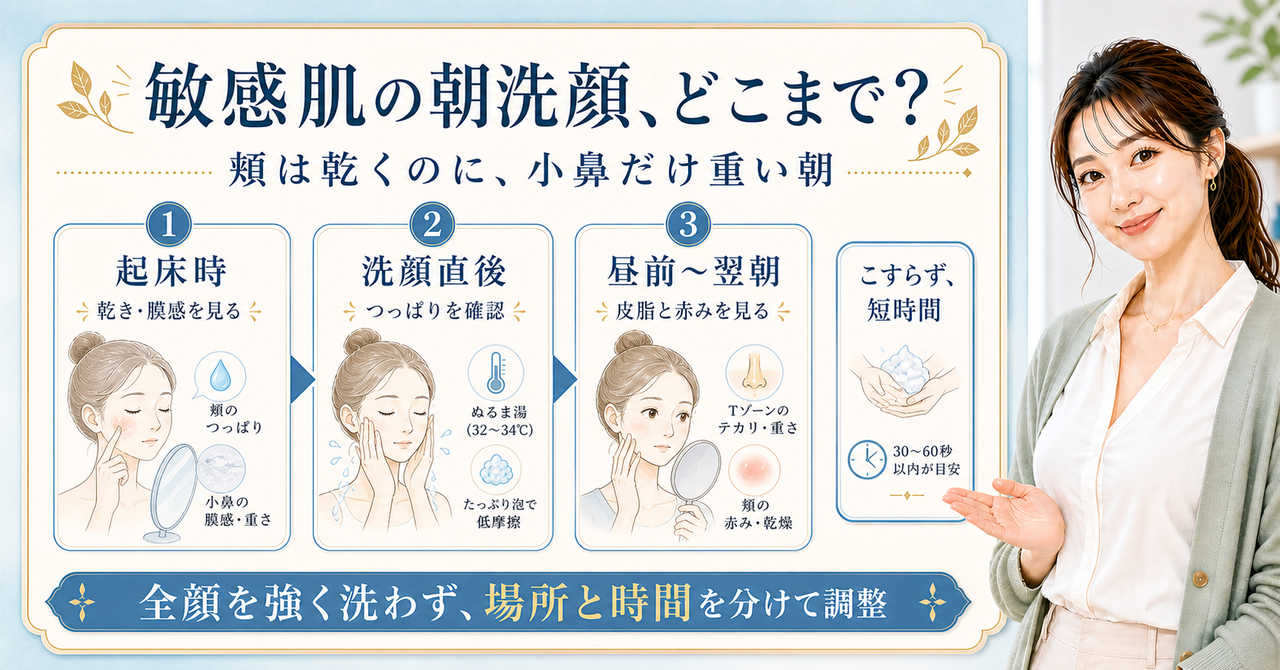 敏感肌の朝洗顔を起床時・直後・昼前・翌朝と頬・小鼻で見直す美容ボード