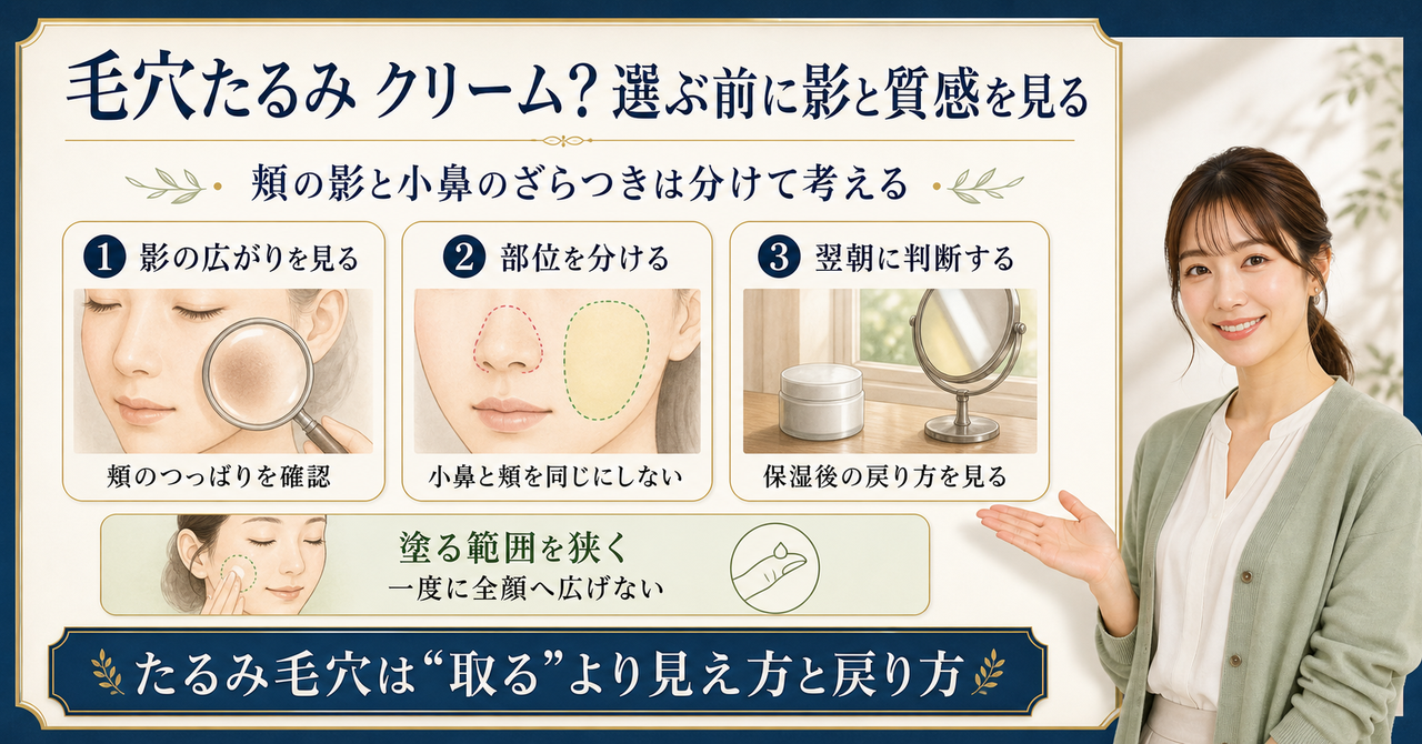 毛穴のたるみと開きを観察しながらクリームを選ぶ美容ボード