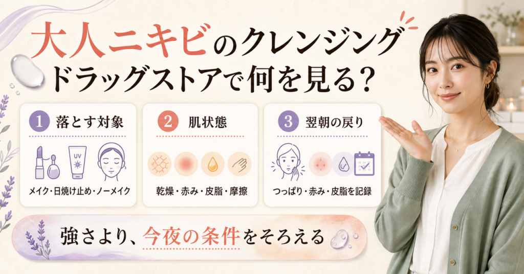大人ニキビのクレンジングをドラッグストアで落とす対象・肌状態・翌朝の戻りで選ぶ図解