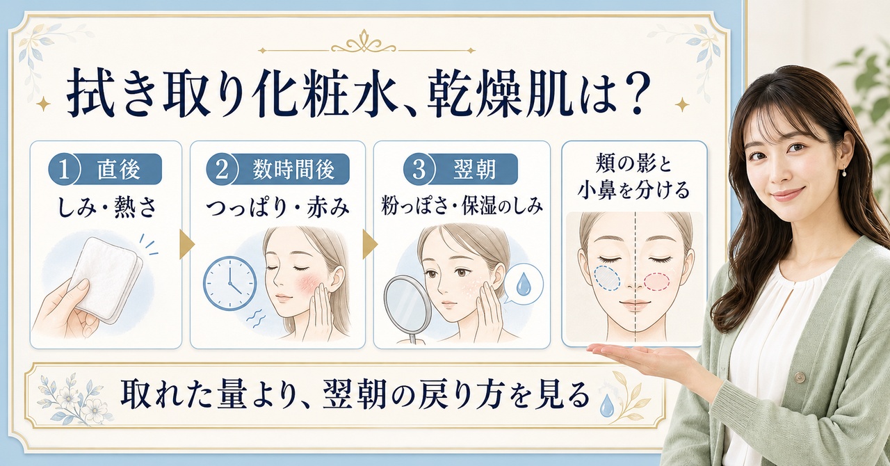 乾燥肌で拭き取り化粧水を使う前の観察図