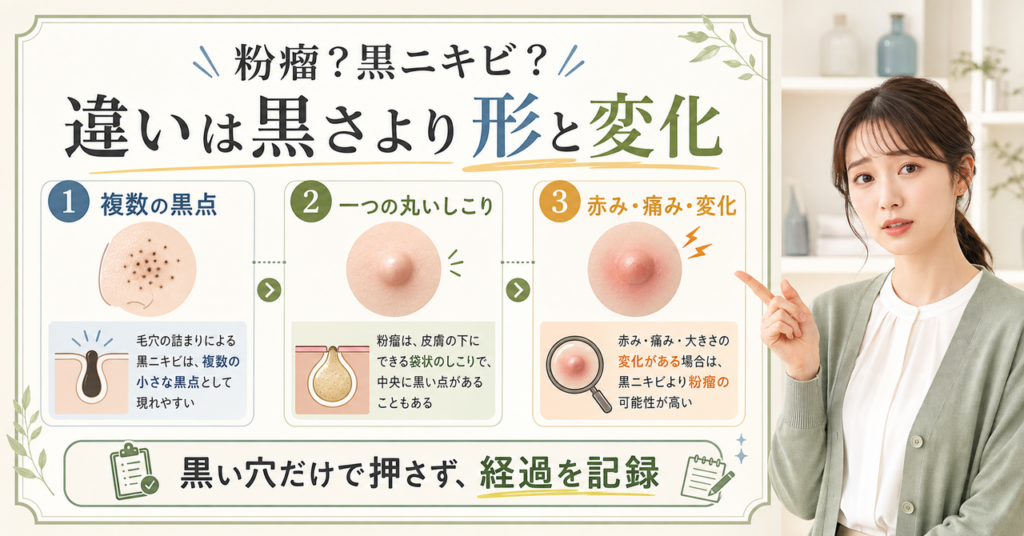 粉瘤と黒ニキビの違いを見分ける判断軸を示す図解