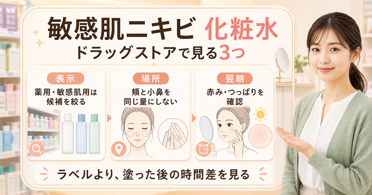 敏感肌ニキビ向け化粧水を表示と翌朝の状態で選ぶ図解