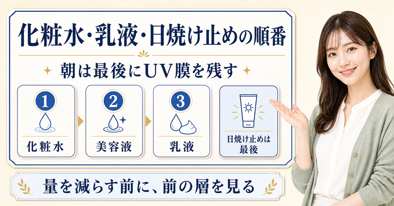 化粧水、美容液、乳液、日焼け止めの順番を示す図解